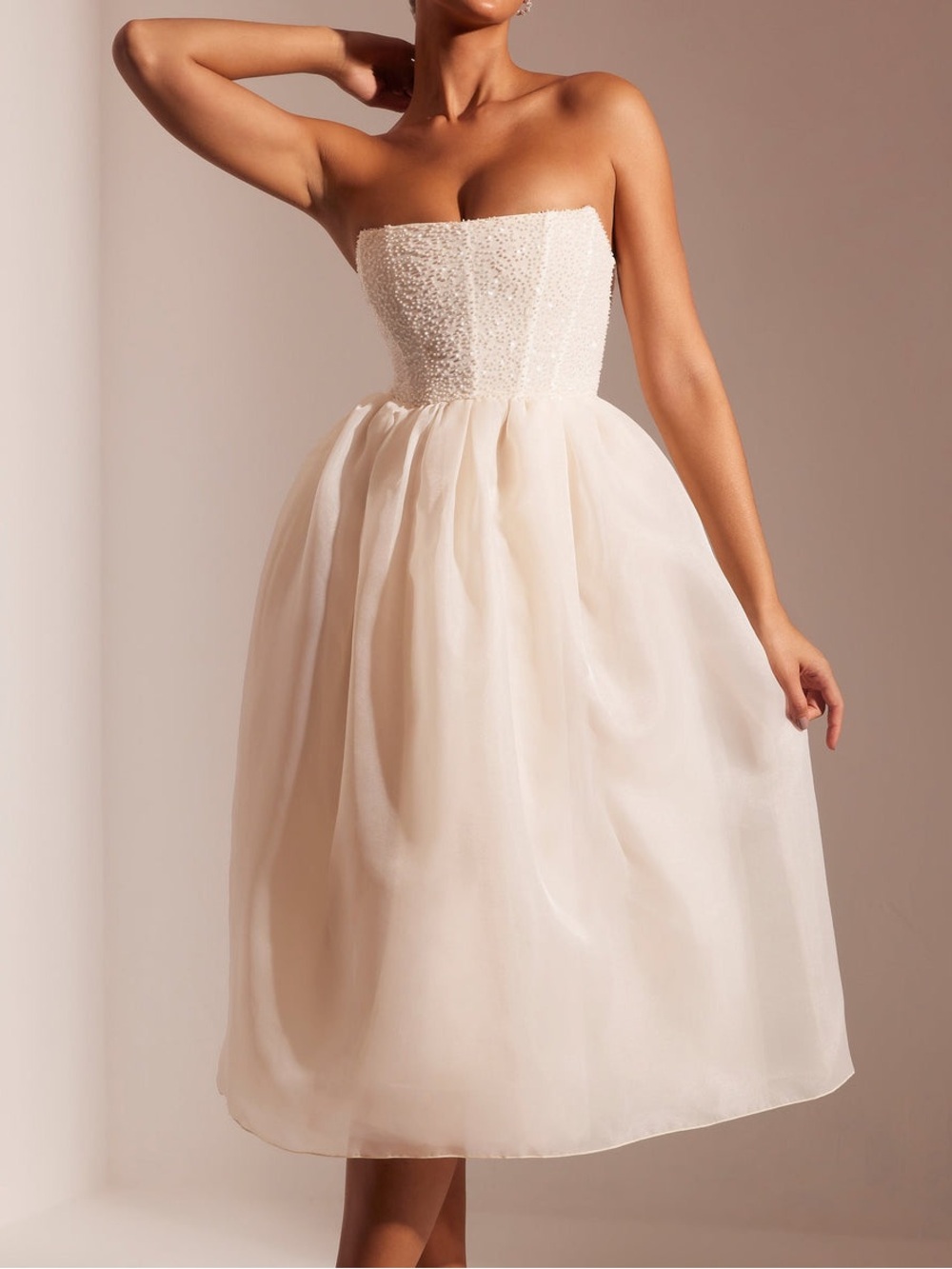 Oh Polly Rosette Beaded Corset Organza Midi Dress Ivory US 8 UK 12 Bridal Party